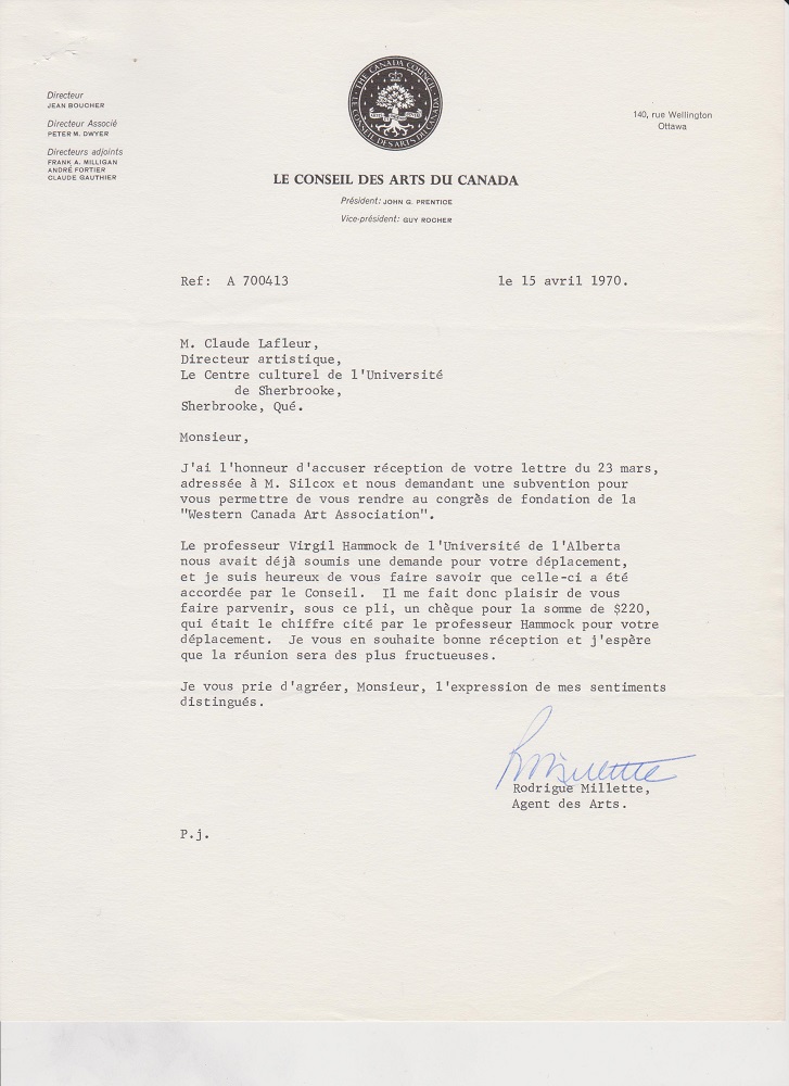 1970-15 avril - Subvention Western Canada Art Association