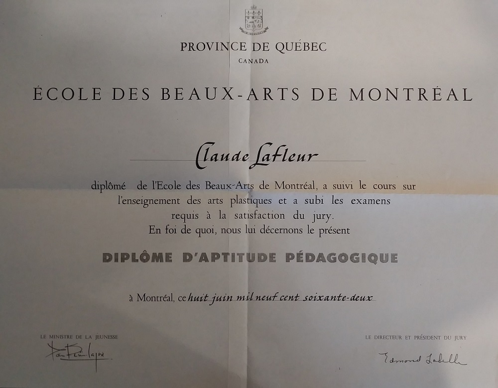 Diplôme École des Beaux Arts de Montréal, 1962
